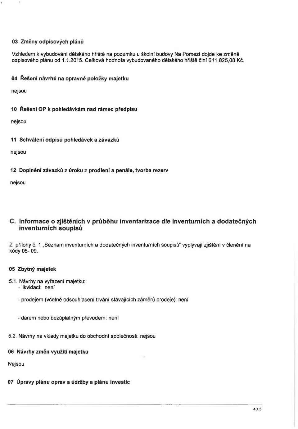 04 Řešení návrhů na opravné položky majetku nejsou 10 Řešeni OP k pohledávkám nad rámec předpisu nejsou 11 Schválení odpisů pohledávek a závazků nejsou 12 Doplnění závazků z úroku z prodlení a
