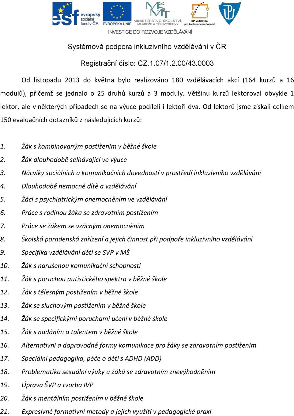 Žák s kombinovaným postižením v běžné škole 2. Žák dlouhodobě selhávající ve výuce 3. Nácviky sociálních a komunikačních dovedností v prostředí inkluzivního vzdělávání 4.