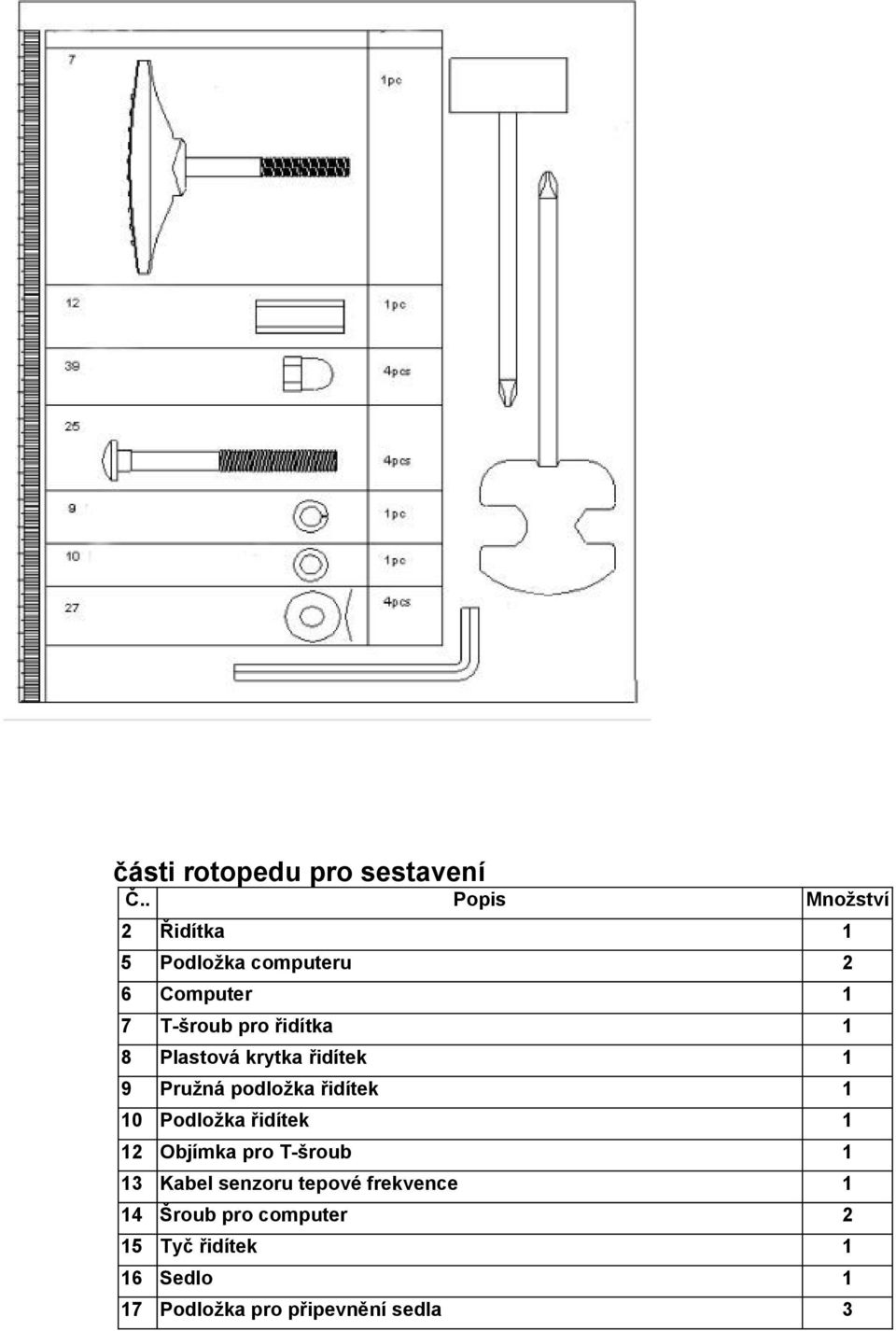 1 8 Plastová krytka řidítek 1 9 Pružná podložka řidítek 1 10 Podložka řidítek 1 12