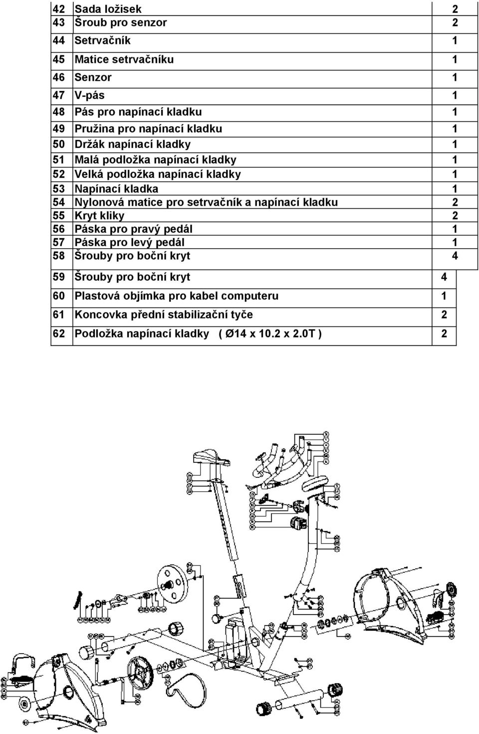 matice pro setrvačník a napínací kladku 2 55 Kryt kliky 2 56 Páska pro pravý pedál 1 57 Páska pro levý pedál 1 58 Šrouby pro boční kryt 4 59 Šrouby