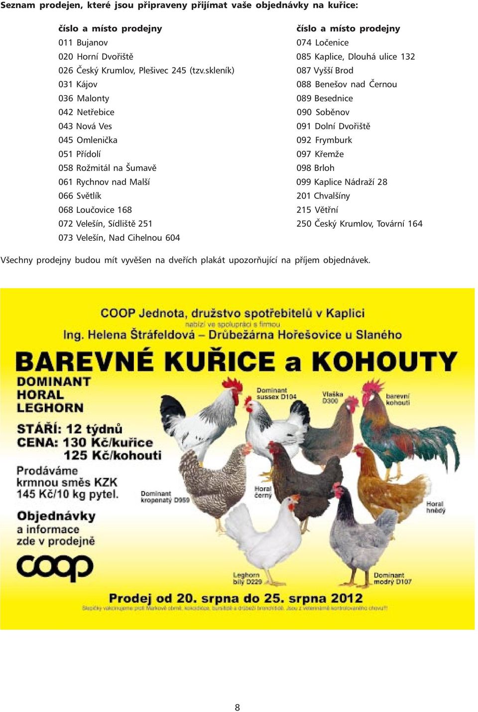 skleník) 087 Vyšší Brod 031 Kájov 088 Benešov nad Černou 036 Malonty 089 Besednice 042 Netřebice 090 Soběnov 043 Nová Ves 091 Dolní Dvořiště 045 Omlenička 092 Frymburk 051 Přídolí