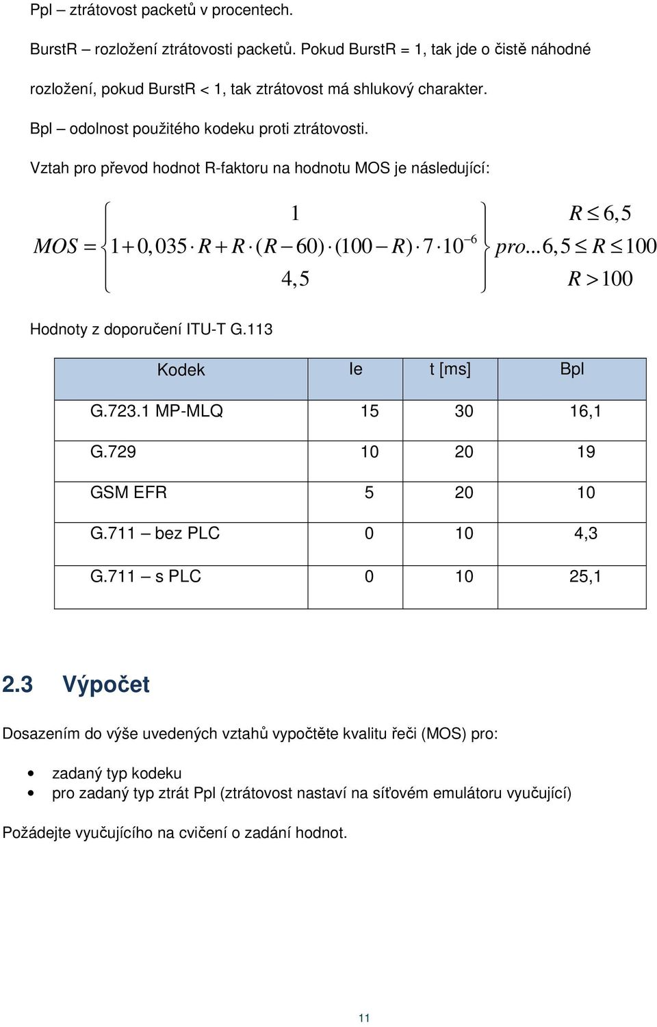 ..6,5 100 Hodnoty z doporučení ITU-T G.113 Kodek Ie t [ms] Bpl G.723.1 MP-MLQ 15 30 16,1 G.729 10 20 19 GSM EFR 5 20 10 G.711 bez PLC 0 10 4,3 G.711 s PLC 0 10 25,1 2.