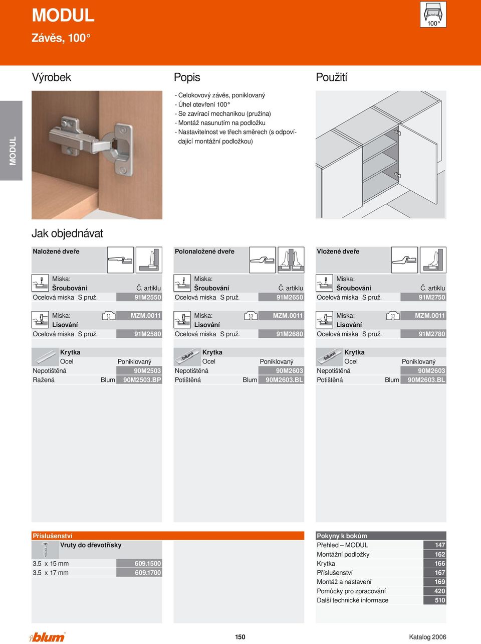 MODUL. Systém závěsů. Jednoduchá montáž dvířek na korpus krátkým nasunutím.  Katalog PDF Stažení zdarma