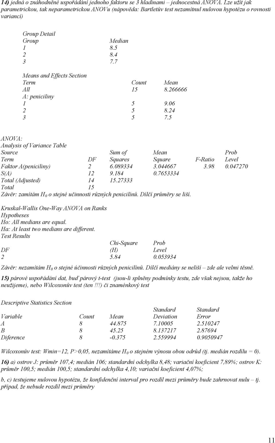 7 Means and Effects Section Term Count Mean All 15 8.266666 A: peniciliny 1 5 9.06 2 5 8.24 3 5 7.