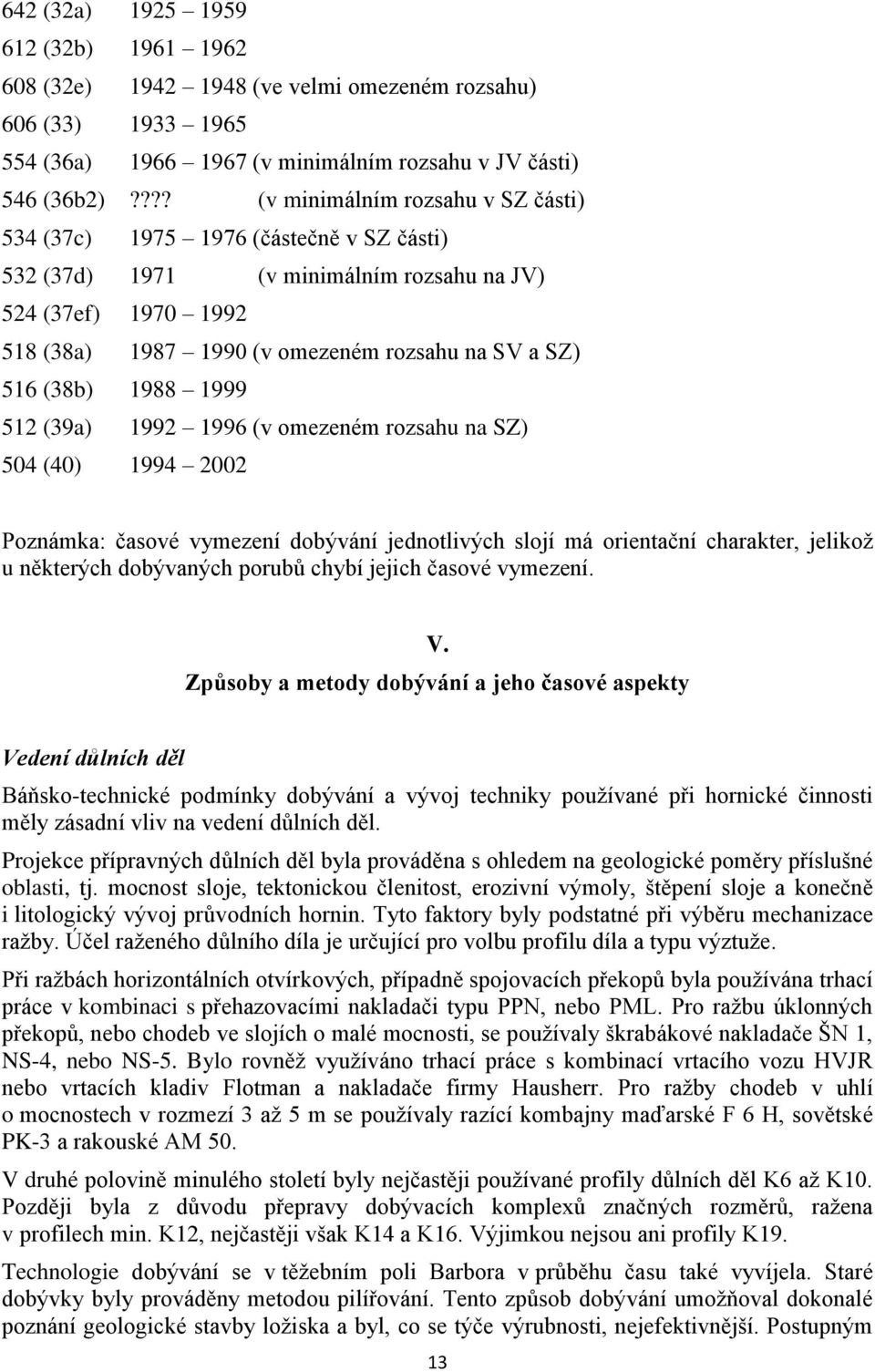 516 (38b) 1988 1999 512 (39a) 1992 1996 (v omezeném rozsahu na SZ) 504 (40) 1994 2002 Poznámka: časové vymezení dobývání jednotlivých slojí má orientační charakter, jelikož u některých dobývaných