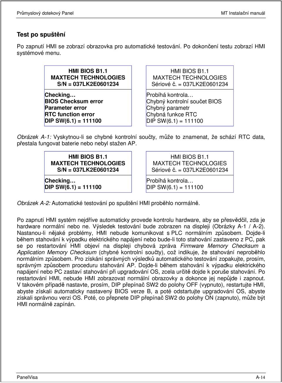 = 037LK2E0601234 Probíhá kontrola Chybný kontrolní součet BIOS Chybný parametr Chybná funkce RTC DIP SW(6.