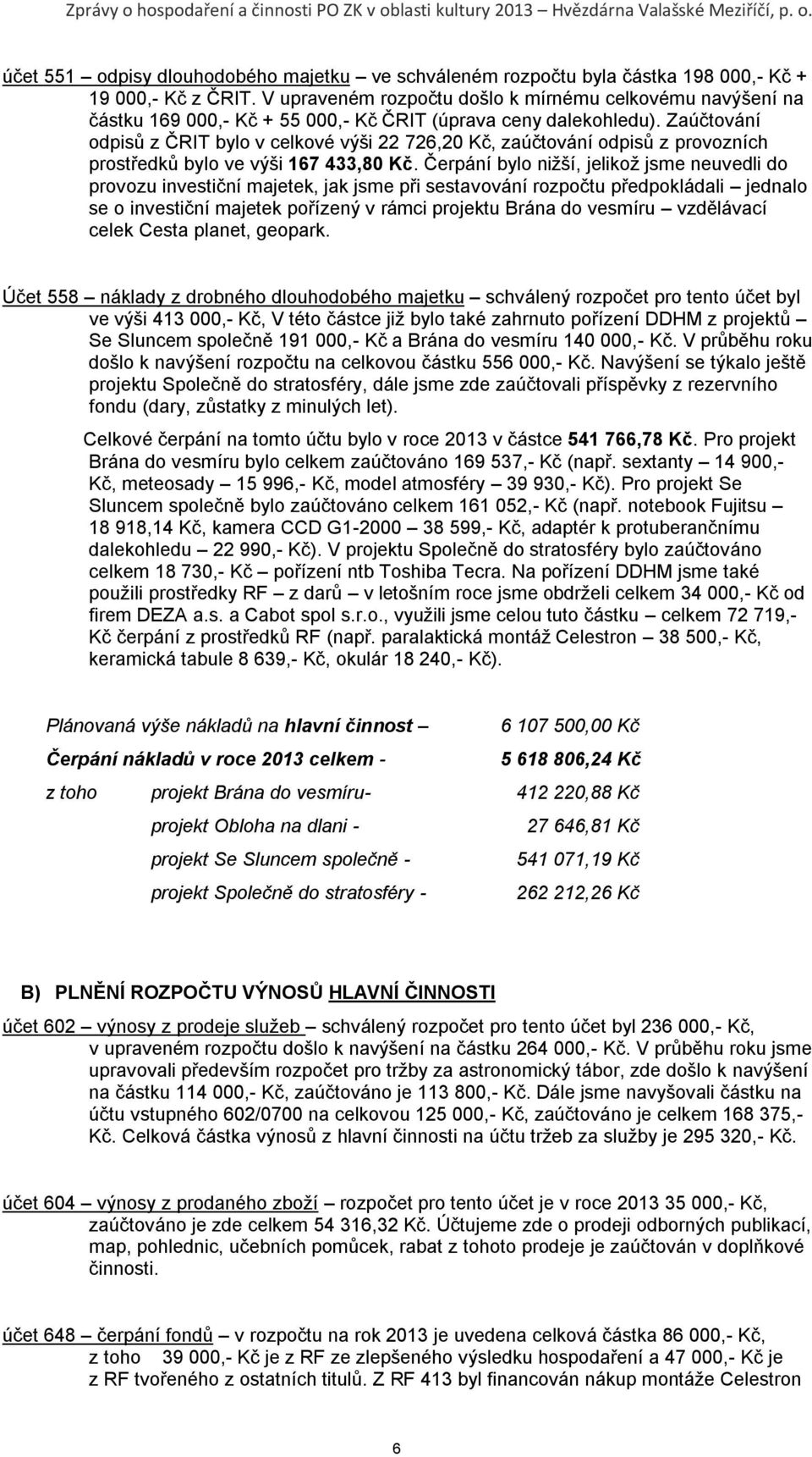 Zaúčtování odpisů z ČRIT bylo v celkové výši 22 726,20 Kč, zaúčtování odpisů z provozních prostředků bylo ve výši 167 433,80 Kč.