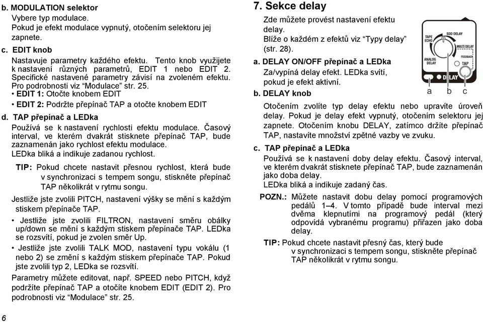 EDIT 1: Otočte knobem EDIT EDIT 2: Podržte přepínač TAP a otočte knobem EDIT d. TAP přepínač a LEDka Používá se k nastavení rychlosti efektu modulace.