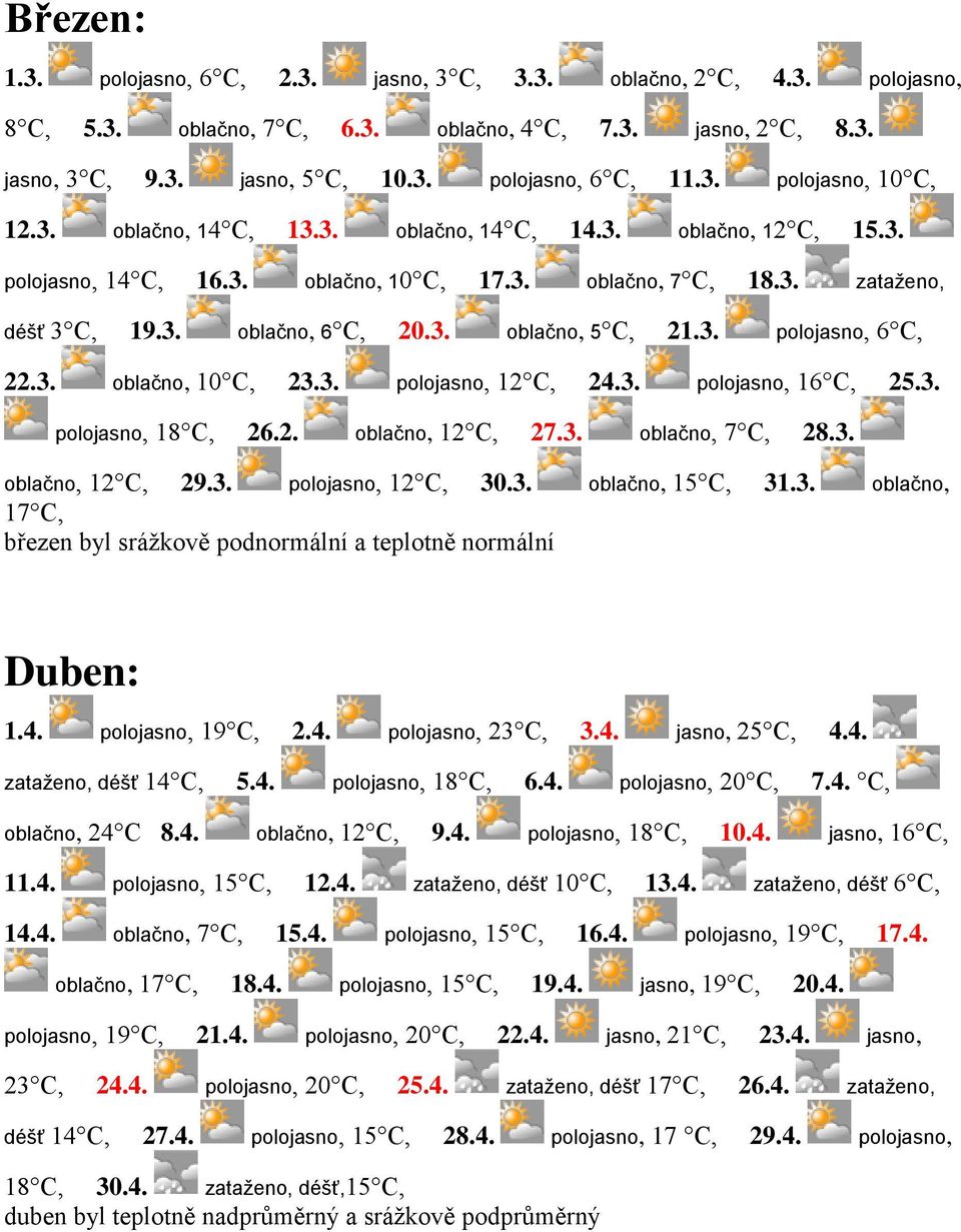 3. polojasno, 6 C, 22.3. oblačno, 10 C, 23.3. polojasno, 12 C, 24.3. polojasno, 16 C, 25.3. polojasno, 18 C, 26.2. oblačno, 12 C, 27.3. oblačno, 7 C, 28.3. oblačno, 12 C, 29.3. polojasno, 12 C, 30.3. oblačno, 15 C, 31.