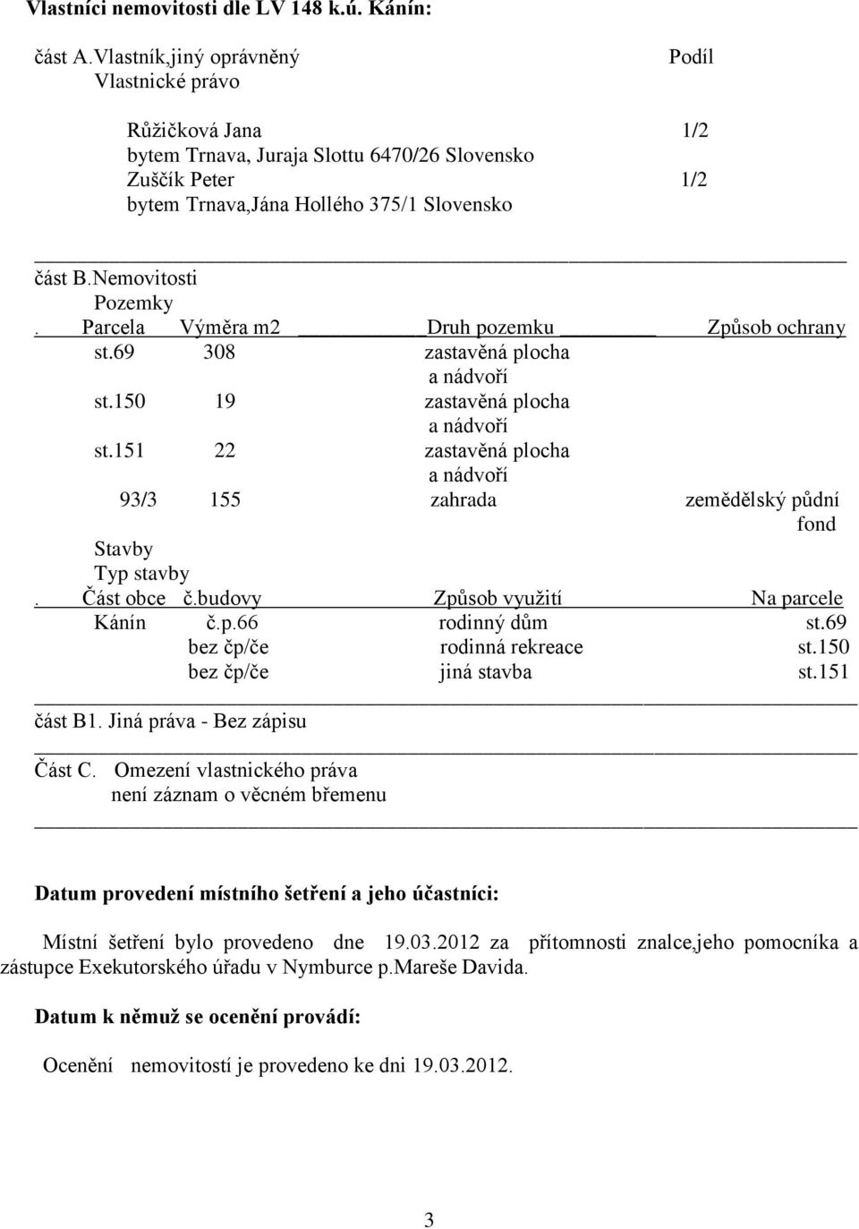 Parcela Výměra m2 Druh pozemku Způsob ochrany st.69 308 zastavěná plocha a nádvoří st.150 19 zastavěná plocha a nádvoří st.