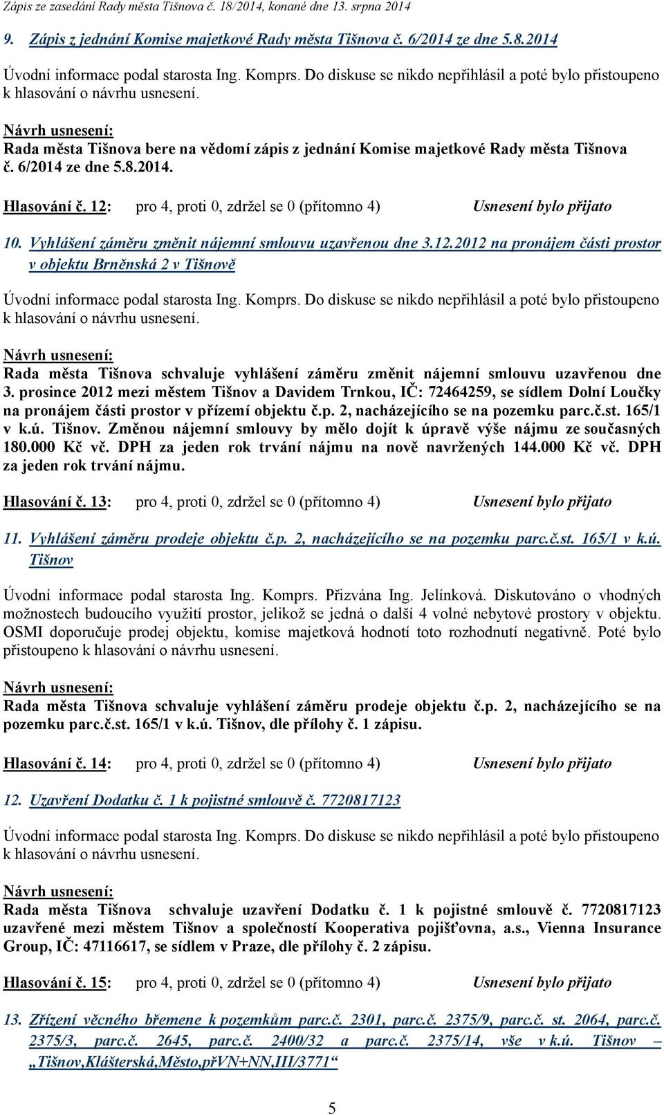 prosince 2012 mezi městem Tišnov a Davidem Trnkou, IČ: 72464259, se sídlem Dolní Loučky na pronájem části prostor v přízemí objektu č.p. 2, nacházejícího se na pozemku parc.č.st. 165/1 v k.ú. Tišnov. Změnou nájemní smlouvy by mělo dojít k úpravě výše nájmu ze současných 180.