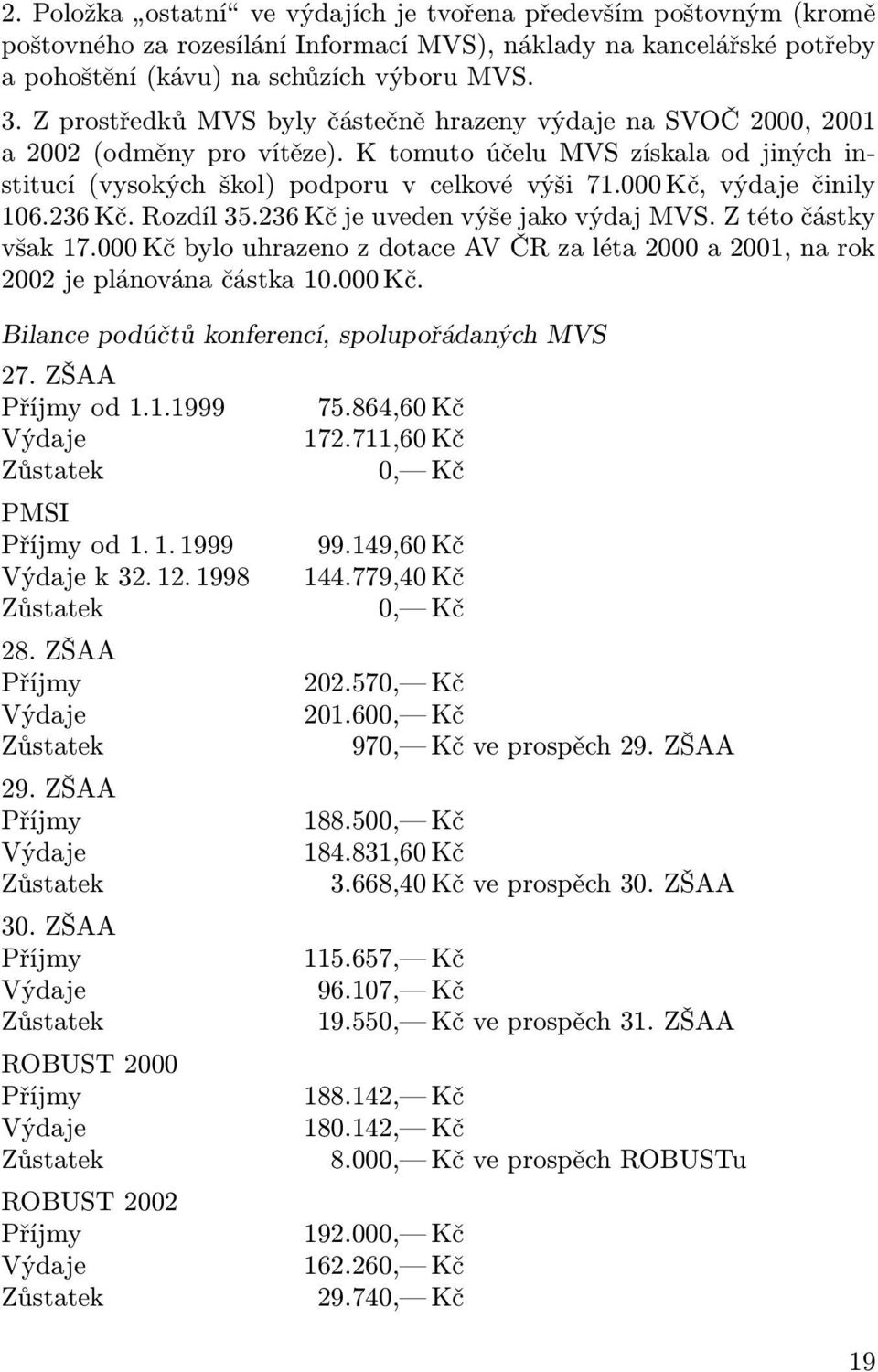 000 Kč, výdaje činily 106.236 Kč. Rozdíl 35.236 Kč je uveden výše jako výdaj MVS. Z této částky však 17.000 Kč bylo uhrazeno z dotace AV ČR za léta 2000 a 2001, na rok 2002 je plánována částka 10.