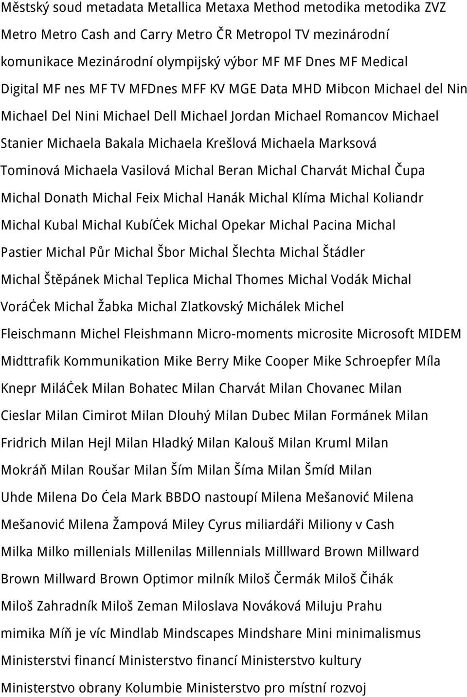 Tominová Michaela Vasilová Michal Beran Michal Charvát Michal Čupa Michal Donath Michal Feix Michal Hanák Michal Klíma Michal Koliandr Michal Kubal Michal Kubíček Michal Opekar Michal Pacina Michal
