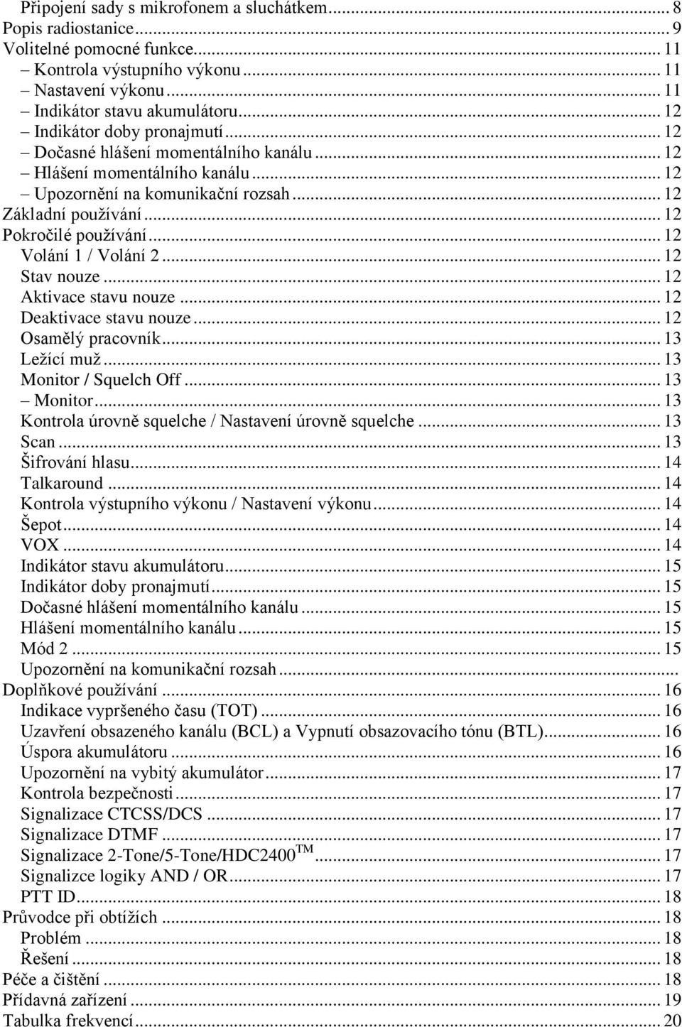 .. 12 Volání 1 / Volání 2... 12 Stav nouze... 12 Aktivace stavu nouze... 12 Deaktivace stavu nouze... 12 Osamělý pracovník... 13 Leţící muţ... 13 Monitor 