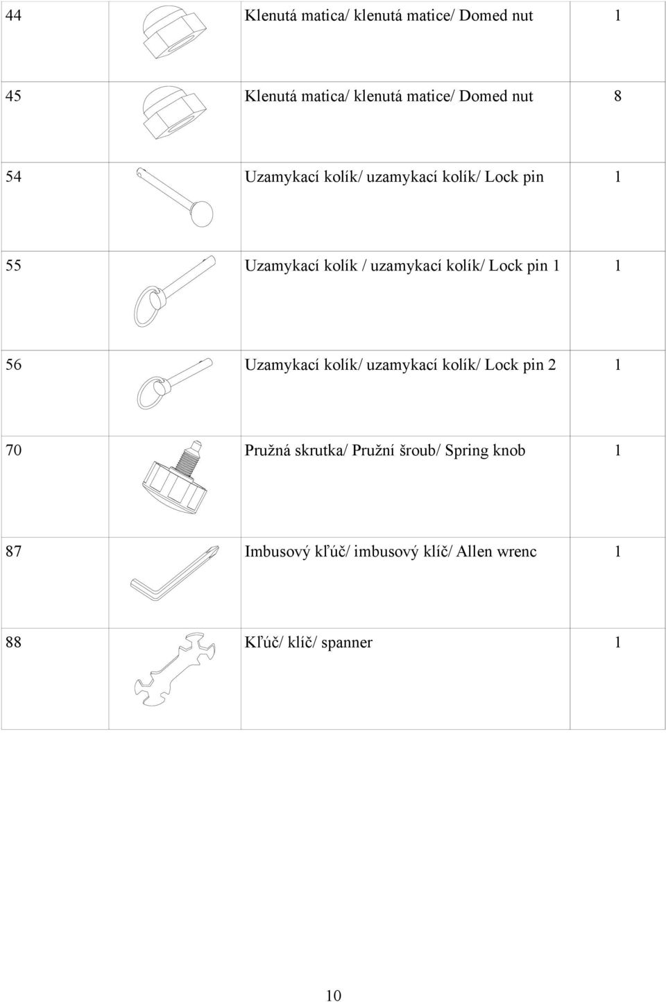 kolík/ Lock pin 56 Uzamykací kolík/ uzamykací kolík/ Lock pin 70 Pružná skrutka/