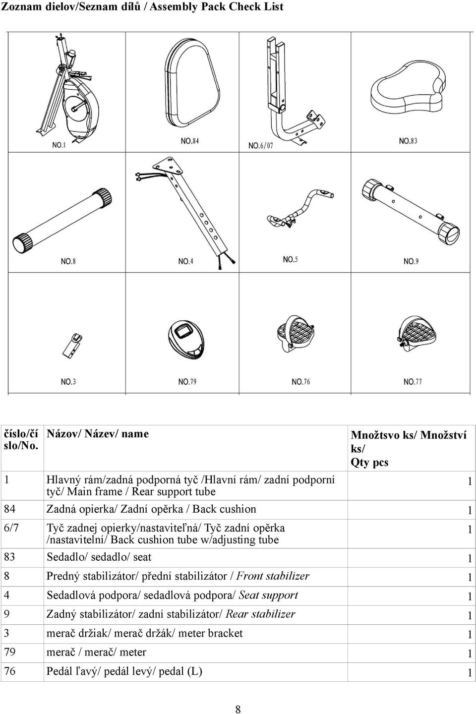 cushion 83 Tyč zadnej opierky/nastaviteľná/ Tyč zadní opěrka /nastavitelní/ Back cushion tube w/adjusting tube Sedadlo/ sedadlo/ seat 8 Predný stabilizátor/ přední