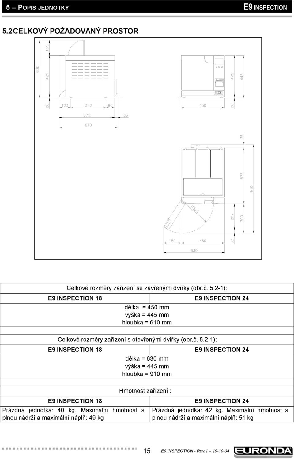 2-1): E9 INSPECTION 18 E9 INSPECTION 24 délka = 450 mm výška = 445 mm hloubka = 610 mm Celkové rozměry zařízení s otevřenými dvířky (obr.č. 5.