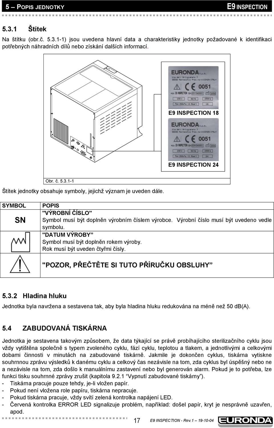 Výrobní číslo musí být uvedeno vedle symbolu. "DATUM VÝROBY Symbol musí být doplněn rokem výroby. Rok musí být uveden čtyřmi čísly. "POZOR, PŘEČTĚTE SI TUTO PŘÍRUČKU OBSLUHY 5.3.