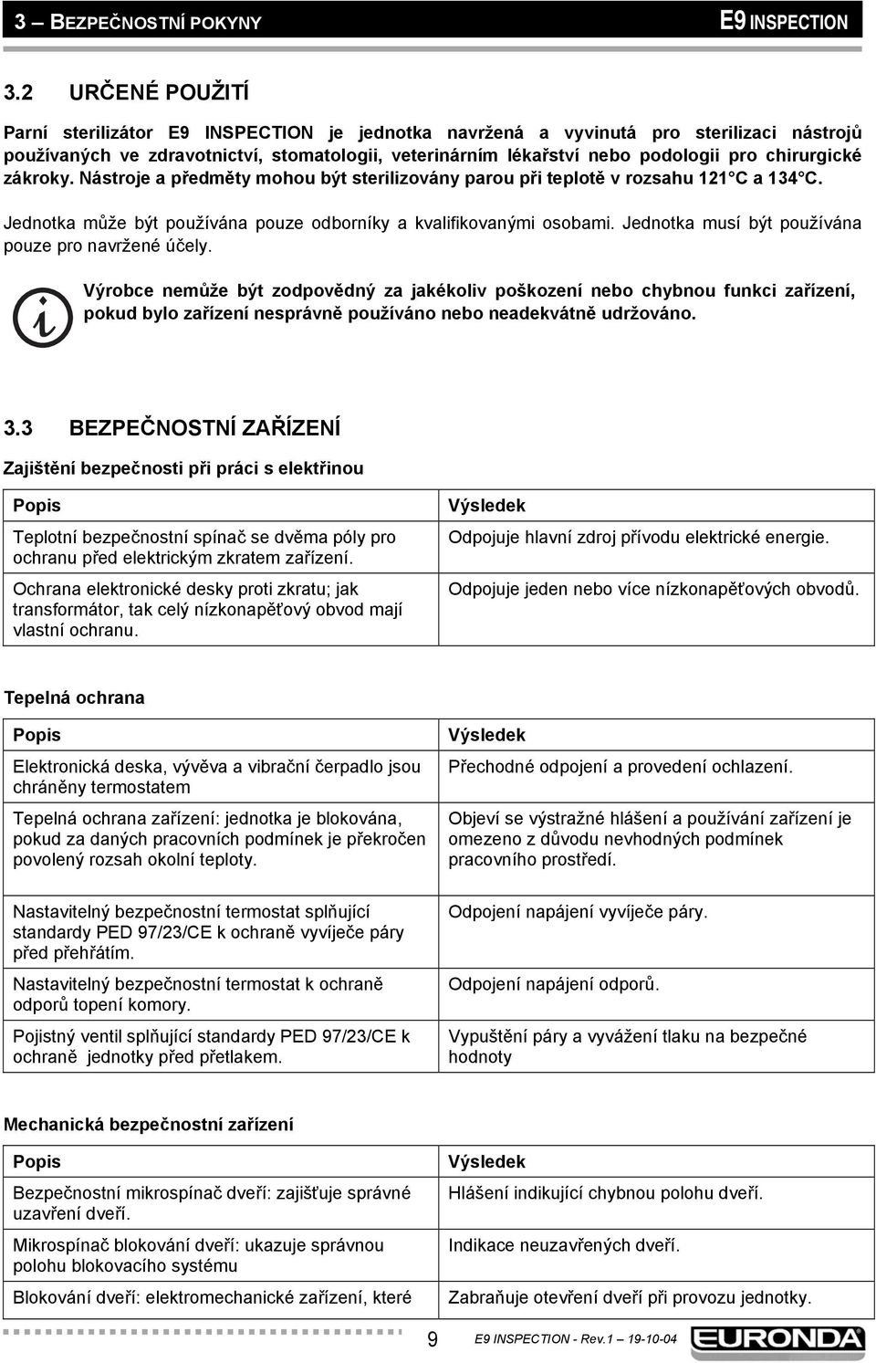 chirurgické zákroky. Nástroje a předměty mohou být sterilizovány parou při teplotě v rozsahu 121 C a 134 C. Jednotka může být používána pouze odborníky a kvalifikovanými osobami.