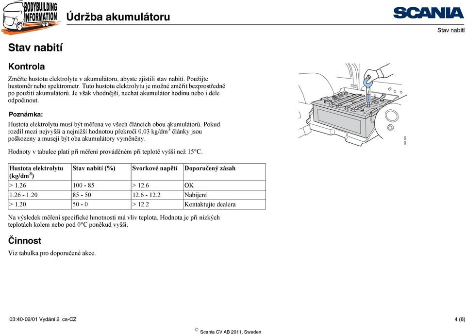 Poznámka: Hustota elektrolytu musí být měřena ve všech článcích obou akumulátorů.