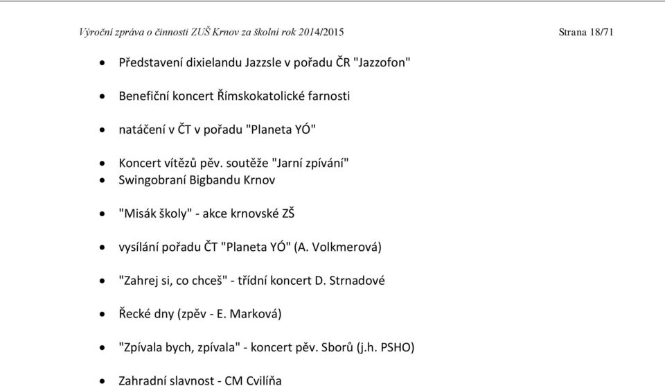 soutěže "Jarní zpívání" Swingobraní Bigbandu Krnov "Misák školy" - akce krnovské ZŠ vysílání pořadu ČT "Planeta YÓ" (A.