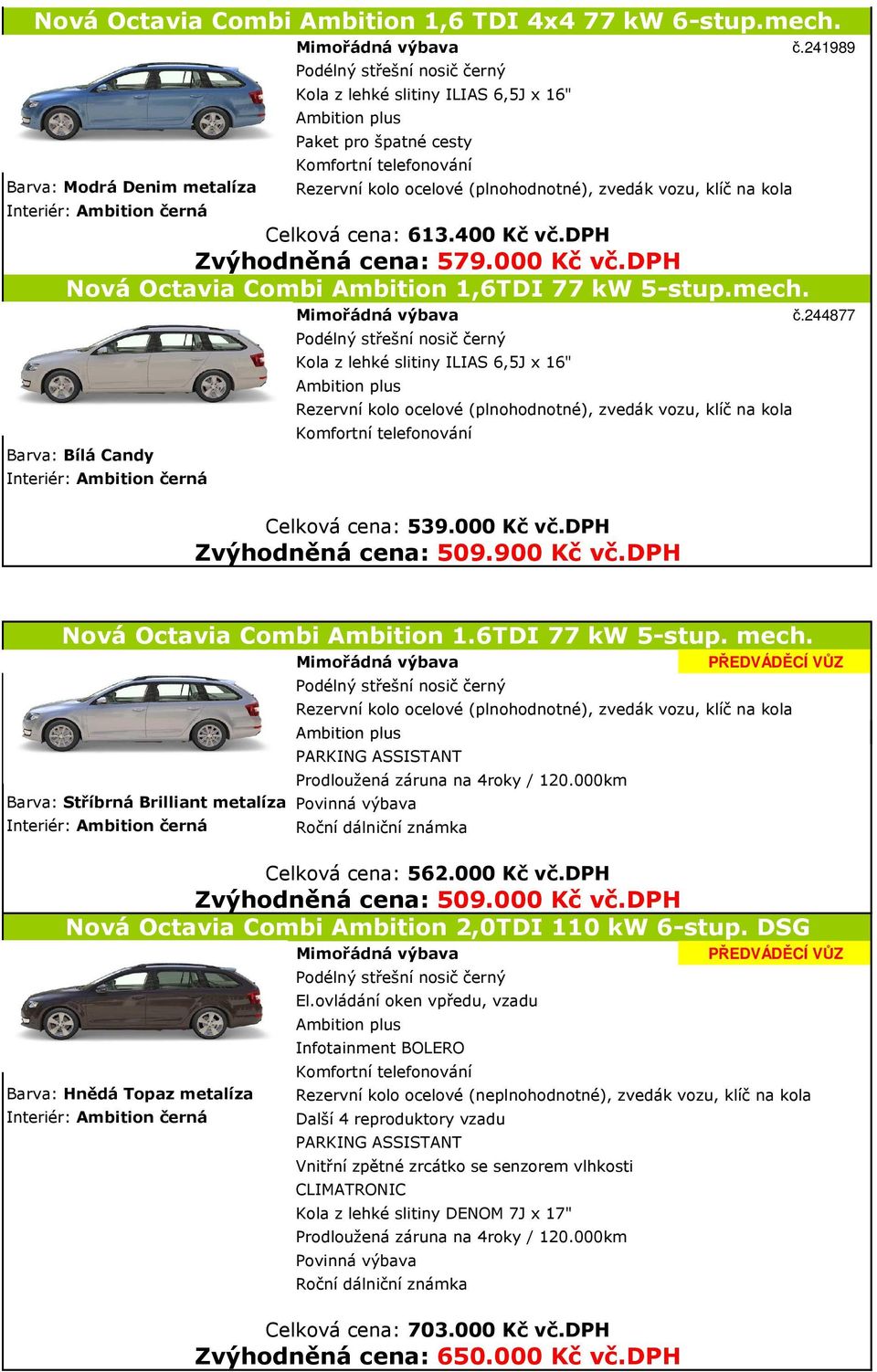 900 Kč vč.dph Nová Octavia Combi Ambition 1.6TDI 77 kw 5-stup. mech. Barva: Stříbrná Brilliant metalíza Povinná výbava Roční dálniční známka Celková cena: 562.000 Kč vč.dph Zvýhodněná cena: 509.