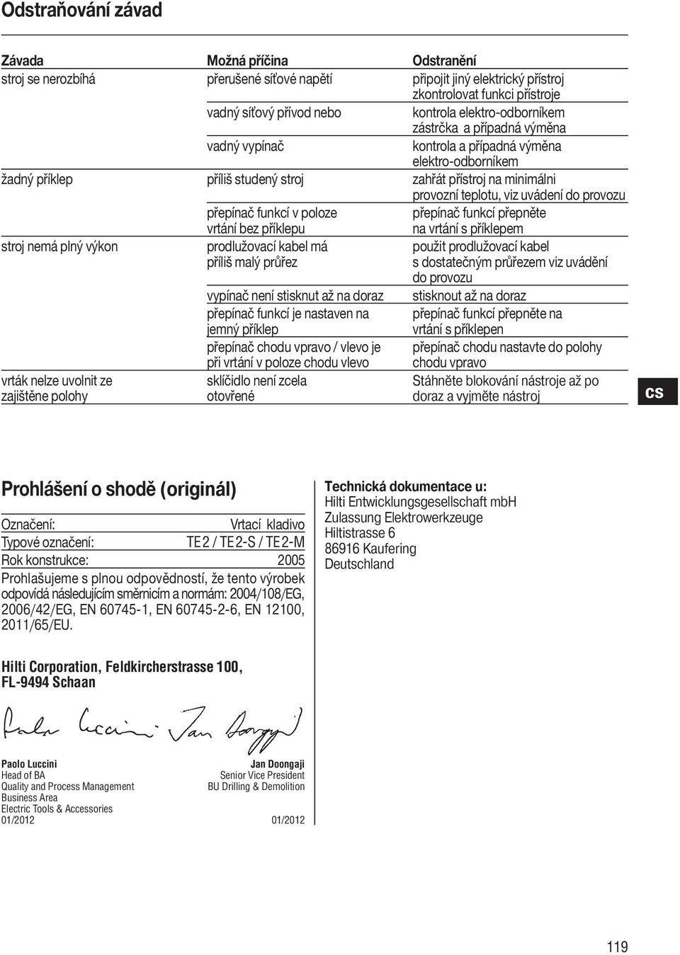 do provozu přepínač funkcí v poloze přepínač funkcí přepněte vrtání bez příklepu na vrtání s příklepem stroj nemá plný výkon prodlužovací kabel má použit prodlužovací kabel příliš malý průřez s