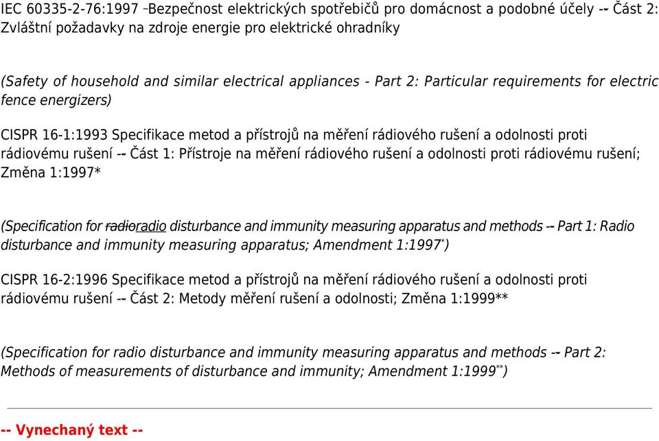 Část 1: Přístroje na měření rádiového rušení a odolnosti proti rádiovému rušení; Změna 1:1997* (Specification for radioradio disturbance and immunity measuring apparatus and methods -- Part 1: Radio