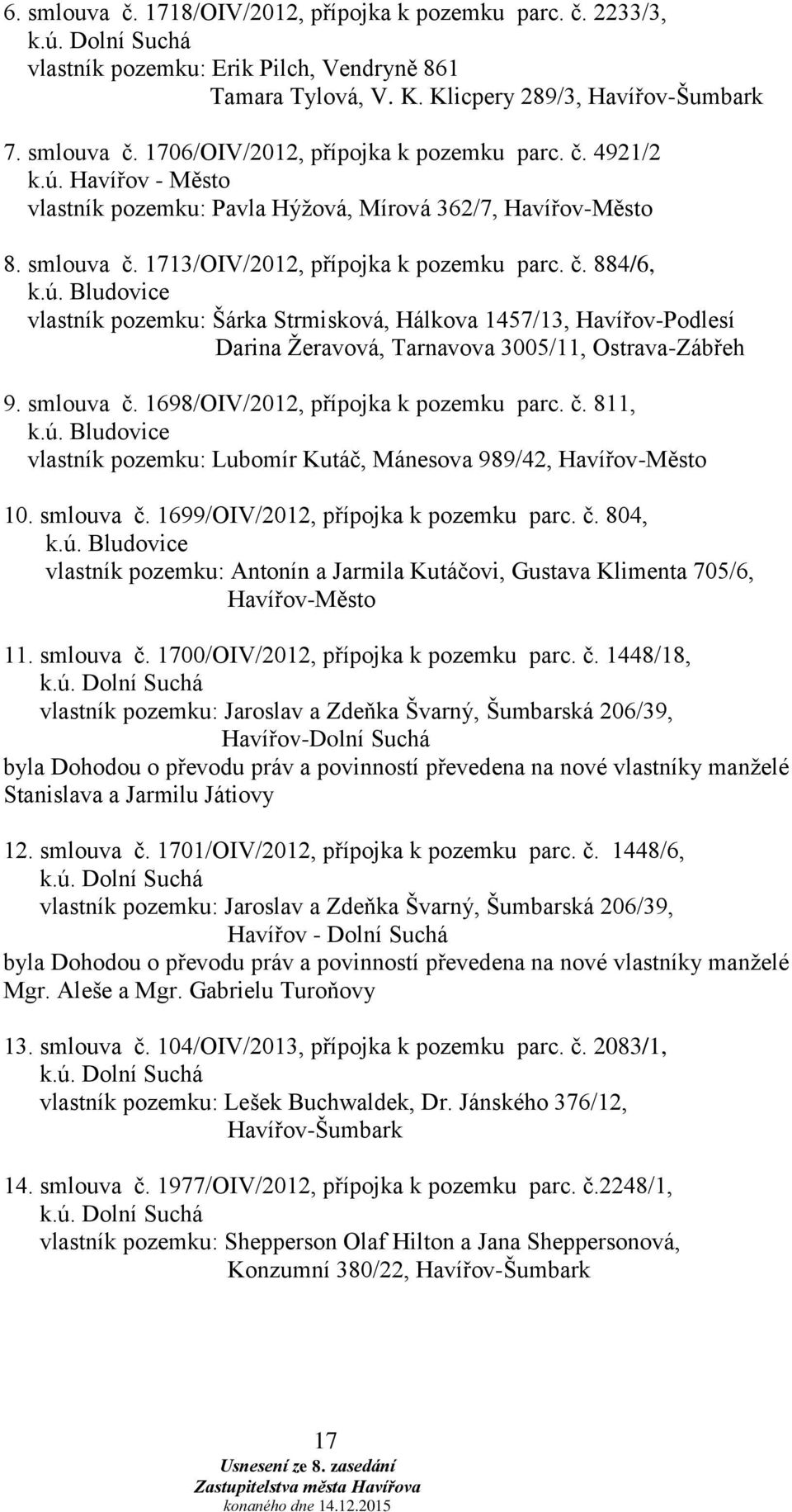 smlouva č. 1698/OIV/2012, přípojka k pozemku parc. č. 811, k.ú. Bludovice vlastník pozemku: Lubomír Kutáč, Mánesova 989/42, Havířov-Město 10. smlouva č. 1699/OIV/2012, přípojka k pozemku parc. č. 804, k.