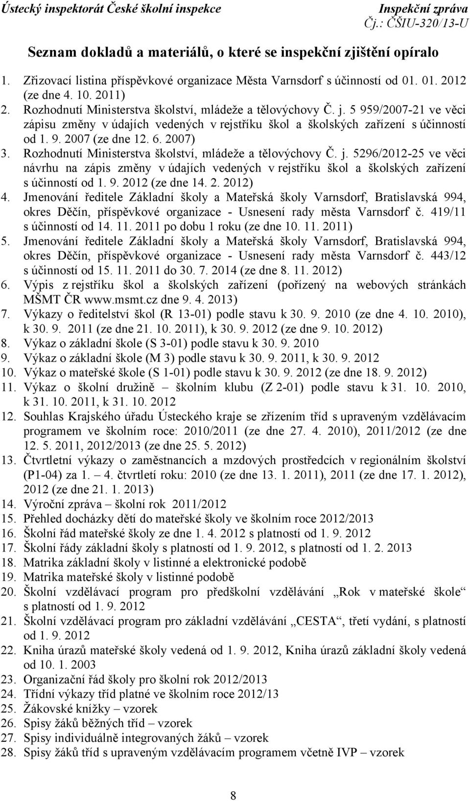 2007) 3. Rozhodnutí Ministerstva školství, mládeže a tělovýchovy Č. j. 5296/2012-25 ve věci návrhu na zápis změny v údajích vedených v rejstříku škol a školských zařízení s účinností od 1. 9.