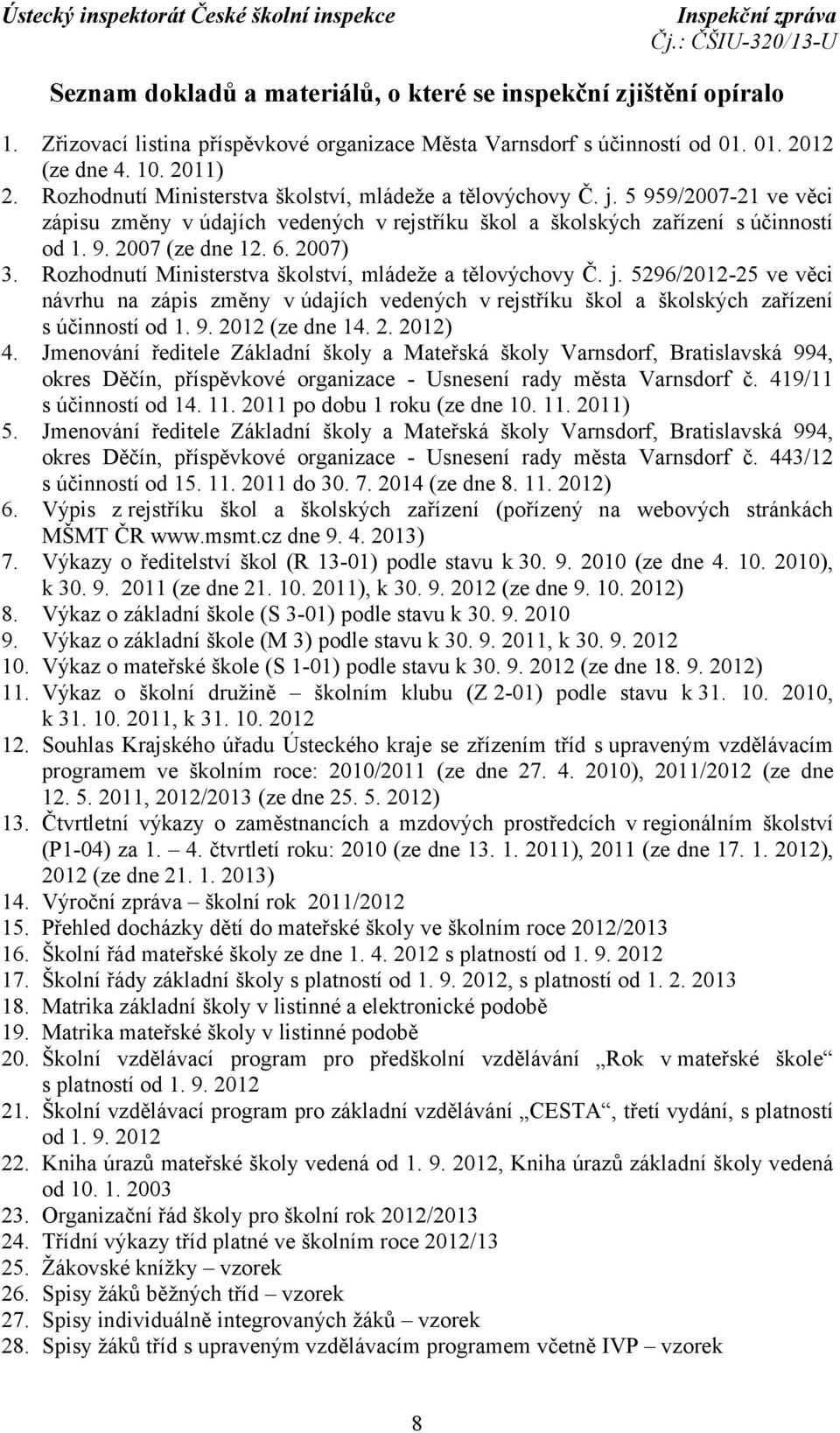 2007) 3. Rozhodnutí Ministerstva školství, mládeže a tělovýchovy Č. j. 5296/2012-25 ve věci návrhu na zápis změny v údajích vedených v rejstříku škol a školských zařízení s účinností od 1. 9.