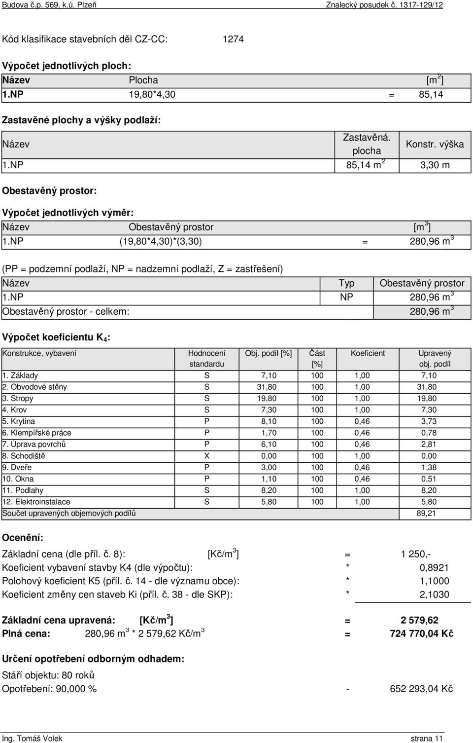 NP (19,80*4,30)*(3,30) = 280,96 m 3 (PP = podzemní podlaží, NP = nadzemní podlaží, Z = zastřešení) Název Typ Obestavěný prostor 1.