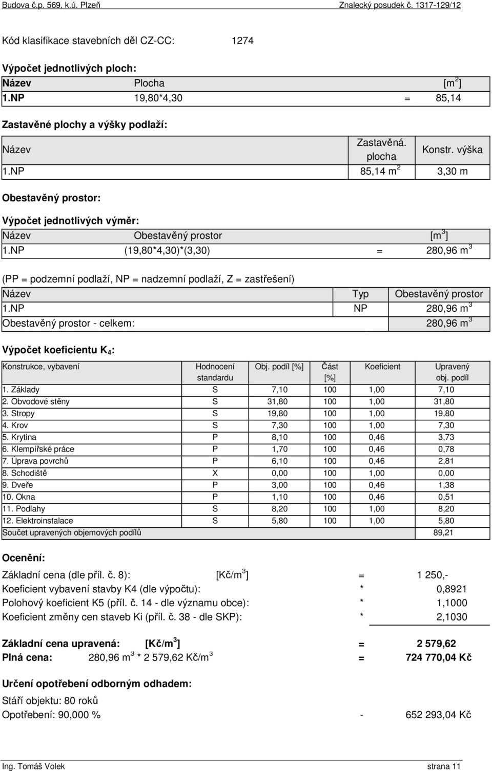 NP (19,80*4,30)*(3,30) = 280,96 m 3 (PP = podzemní podlaží, NP = nadzemní podlaží, Z = zastřešení) Název Typ Obestavěný prostor 1.