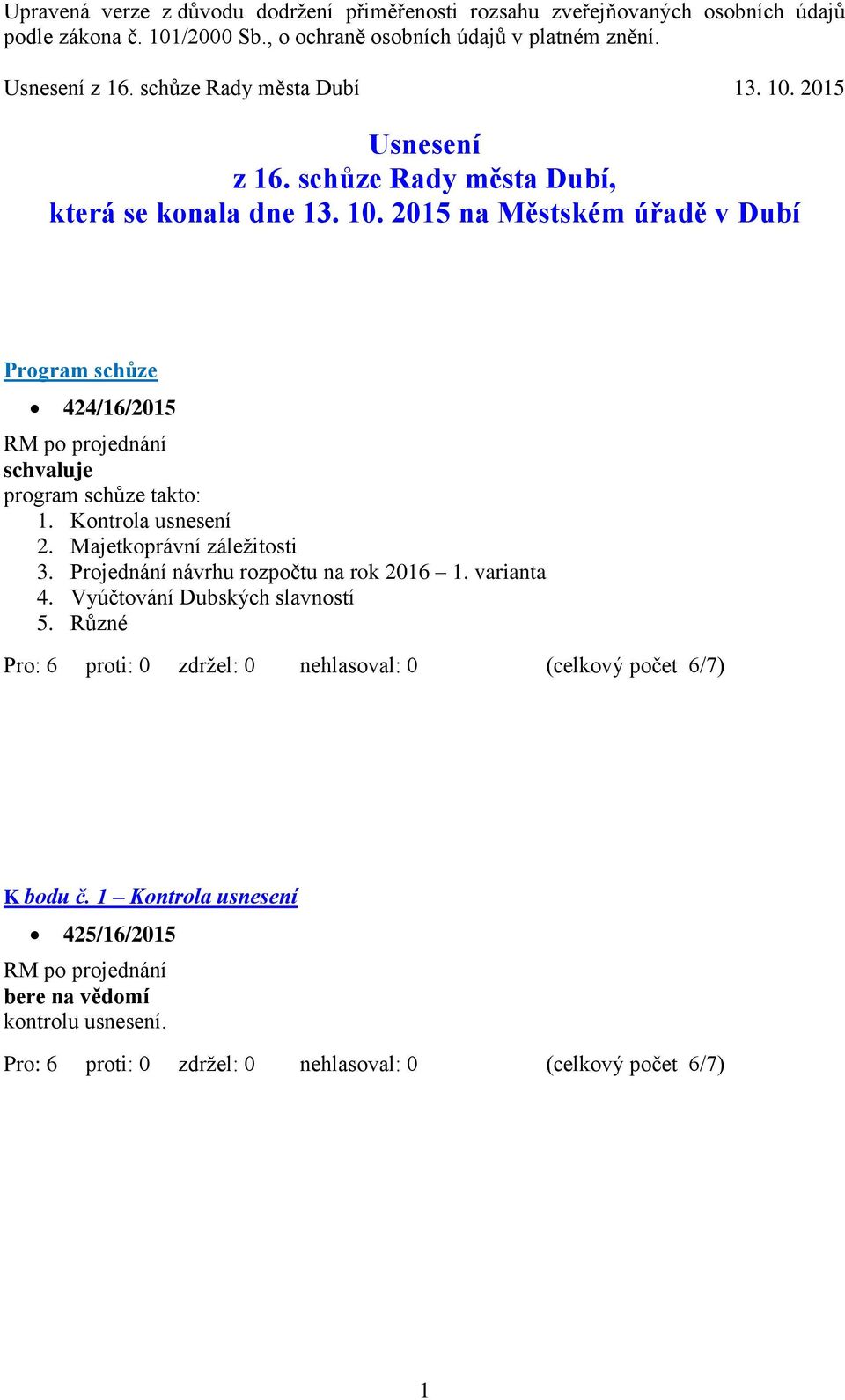 Kontrola usnesení 2. Majetkoprávní záležitosti 3. Projednání návrhu rozpočtu na rok 2016 1.