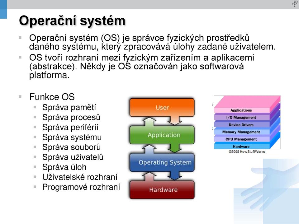 OS tvoří rozhraní mezi fyzickým zařízením a aplikacemi (abstrakce).
