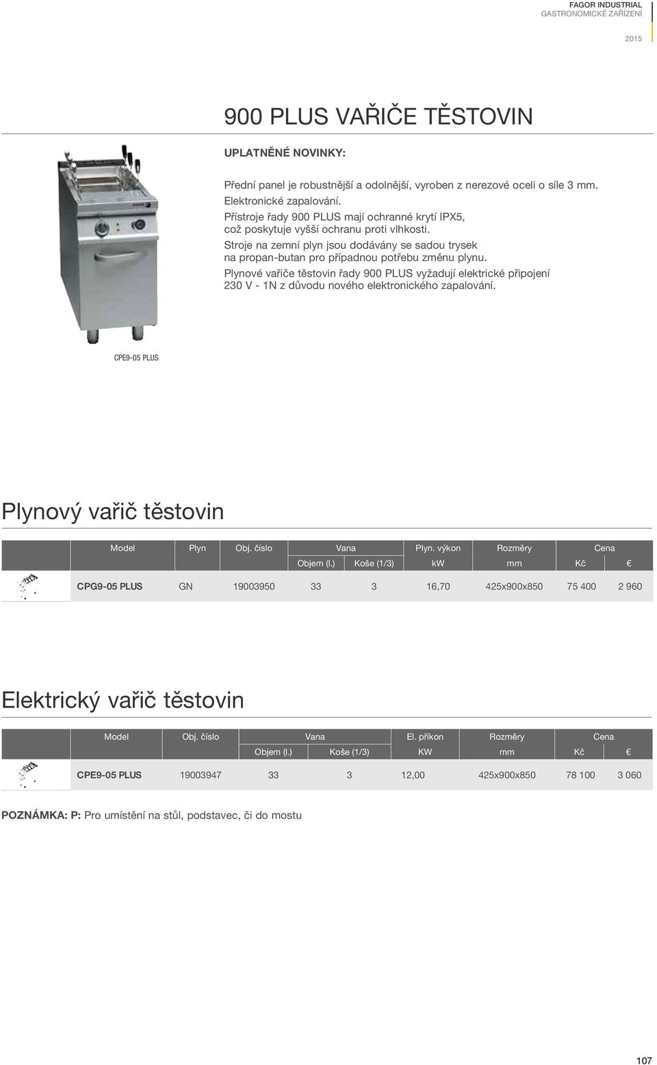 Plynové vařiče těstovin řady 900 PLUS vyžadují elektrické připojení 230 V - 1N z důvodu nového elektronického zapalování. CPE9-05 PLUS Plynový vařič těstovin Model Plyn Obj. číslo Vana Plyn.