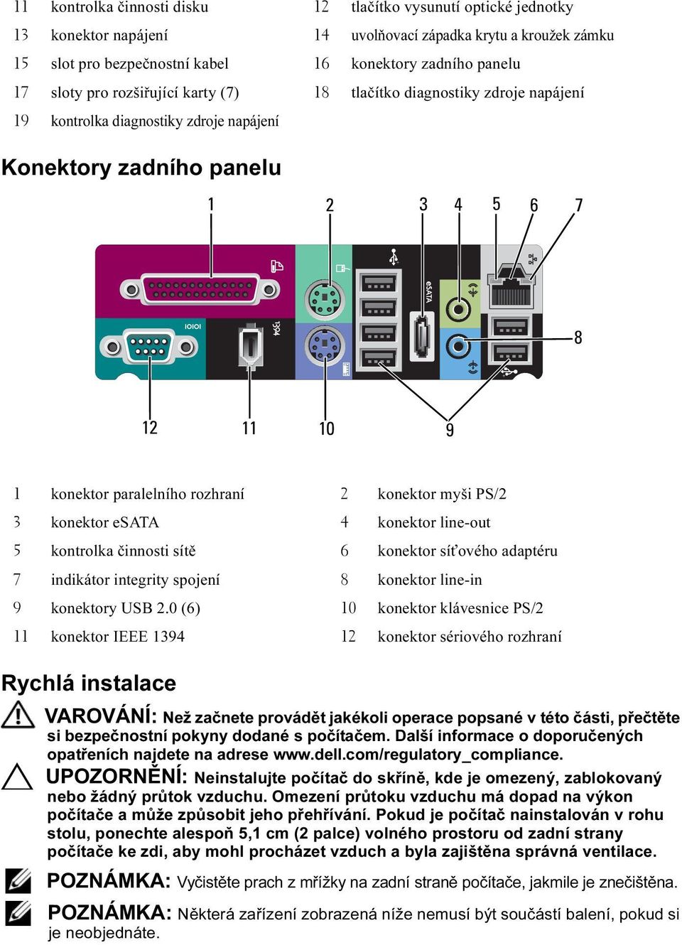 konektor myši PS/2 3 konektor esata 4 konektor line-out 5 kontrolka činnosti sítě 6 konektor síťového adaptéru 7 indikátor integrity spojení 8 konektor line-in 9 konektory USB 2.