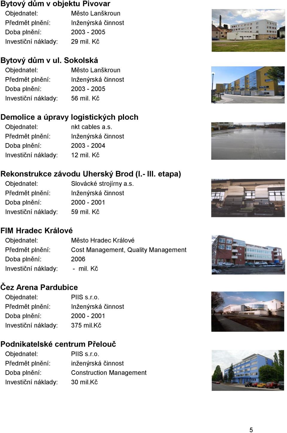 Kč Rekonstrukce závodu Uherský Brod (I.- III. etapa) Slovácké strojírny a.s. Inženýrská činnost 2000-2001 59 mil.