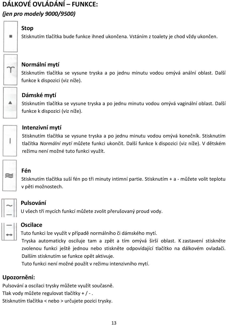 Dámské mytí Stisknutím tlačítka se vysune tryska a po jednu minutu vodou omývá vaginální oblast. Další funkce k dispozici (viz níže).