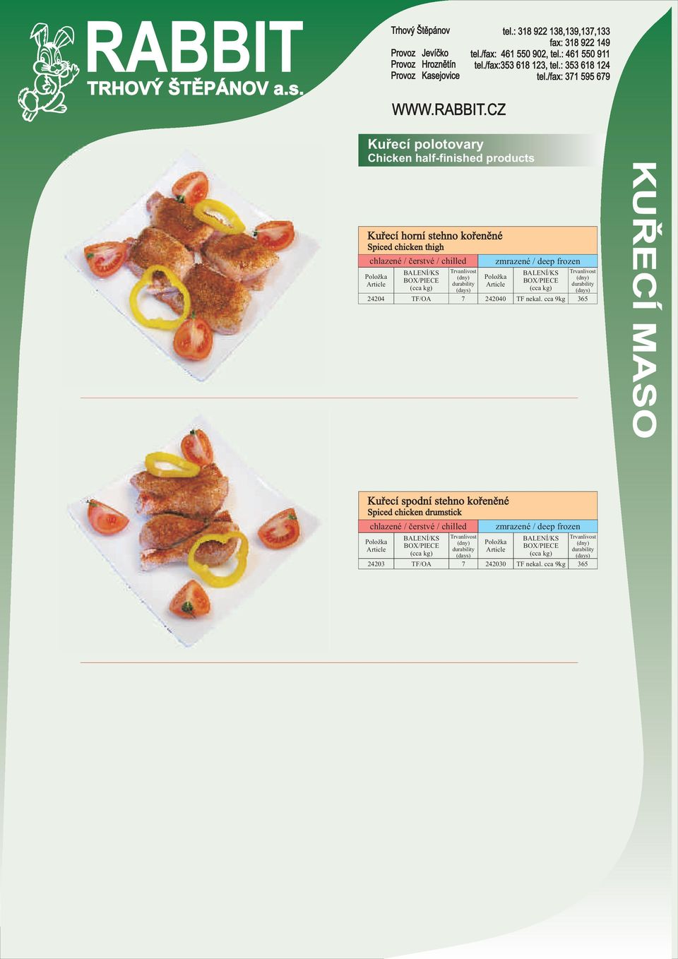 /fax: 31 9 69 Kuøecí polotovary Chicken half-finished products Kuøecí horní stehno