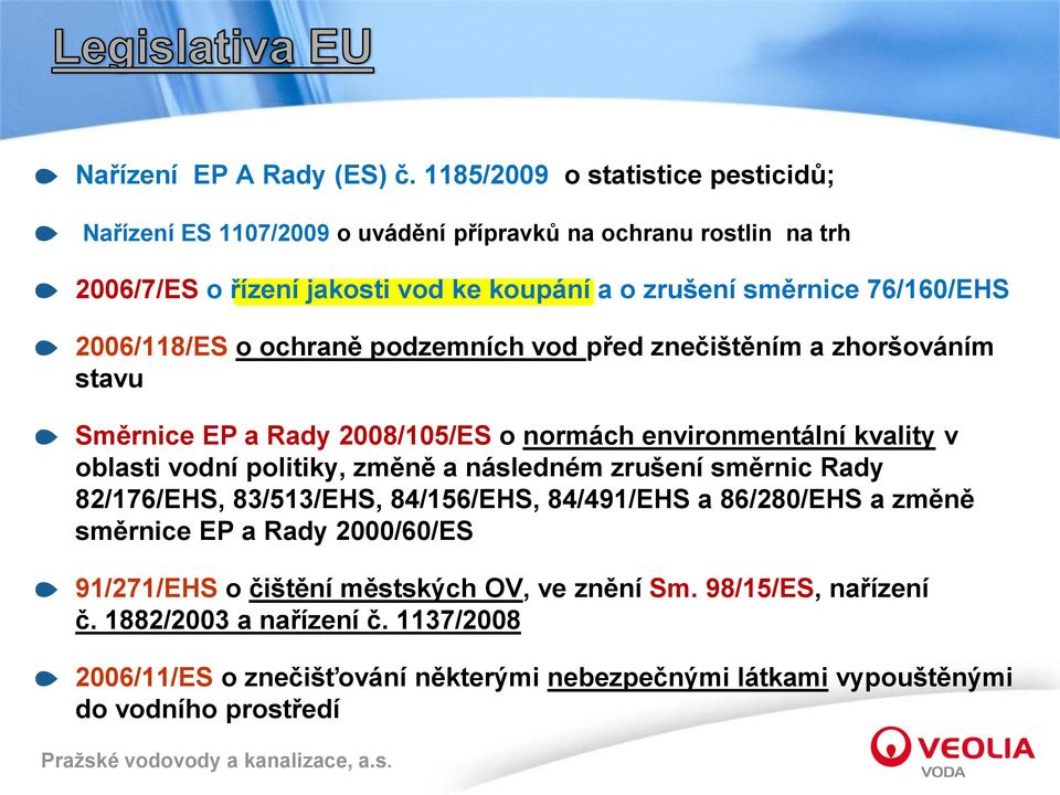 76/160/EHS 2006/118/ES o ochraně podzemních vod před znečištěním a zhoršováním stavu Směrnice EP a Rady 2008/105/ES o normách environmentální kvality v oblasti vodní