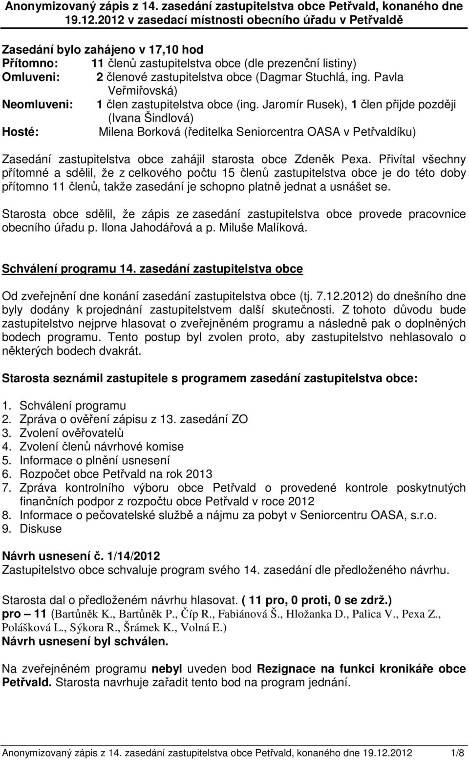 Stuchlá, ing. Pavla Veřmiřovská) Neomluveni: 1 člen zastupitelstva obce (ing.