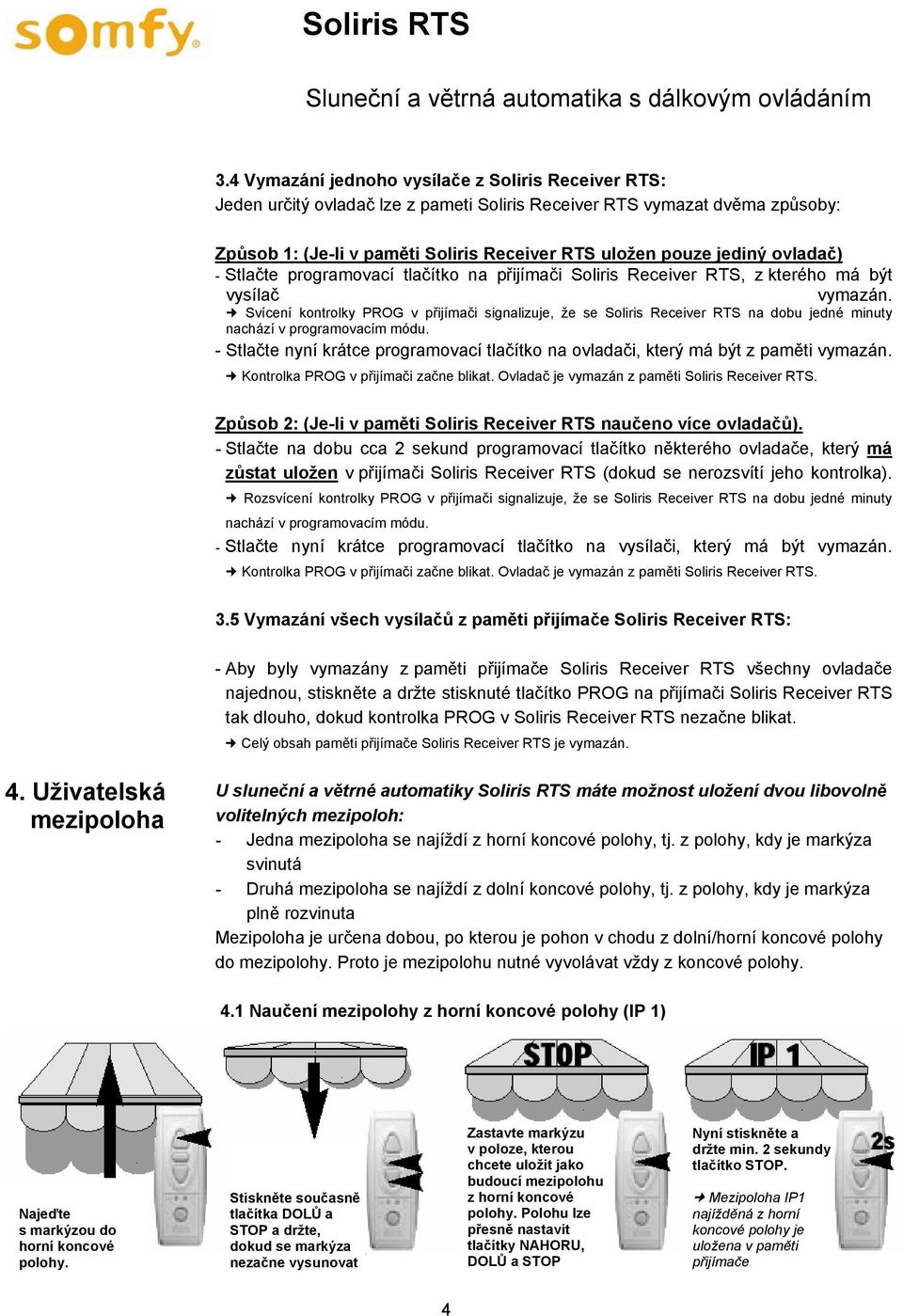 Svícení kontrolky PROG v přijímači signalizuje, že se Soliris Receiver RTS na dobu jedné minuty nachází v programovacím módu.