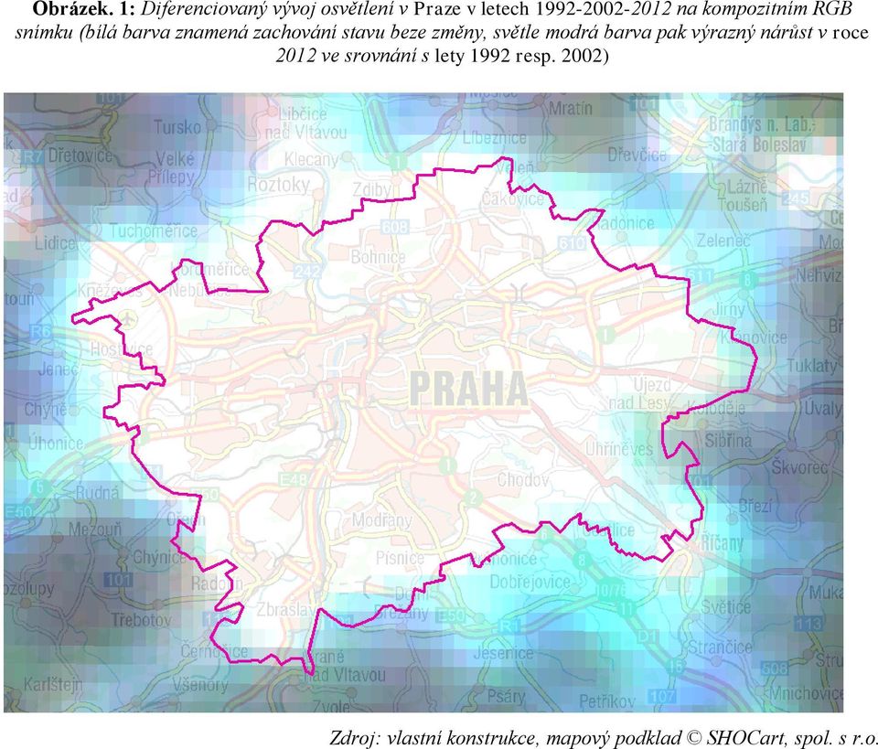 na kompozitním RGB snímku (bílá barva znamená zachování stavu beze