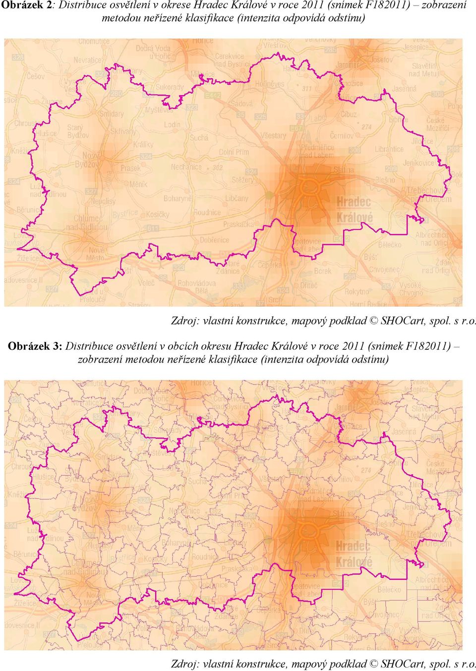 Obrázek 3: Distribuce osvětlení v obcích okresu Hradec Králové v roce 2011 (snímek F182011)