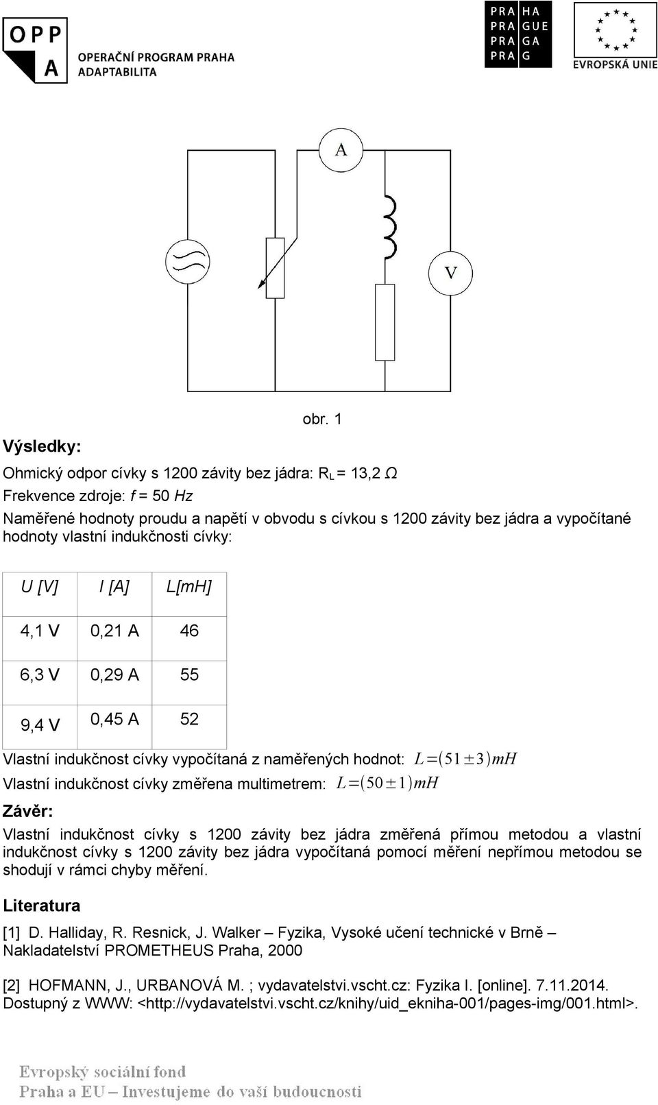 multimetrem: L= 50±1 mh Závěr: Vlastní indukčnost cívky s 1200 závity bez jádra změřená přímou metodou a vlastní indukčnost cívky s 1200 závity bez jádra vypočítaná pomocí měření nepřímou metodou se