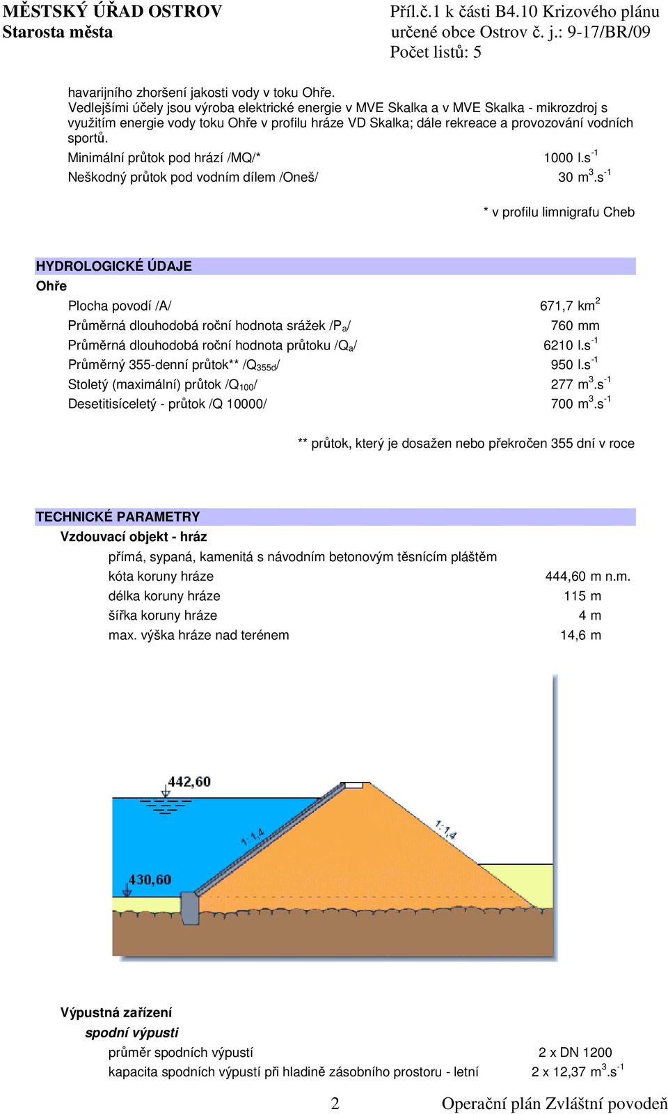 Minimální průtok pod hrází /MQ/* 1000 l.s -1 Neškodný průtok pod vodním dílem /Oneš/ 30 m 3.