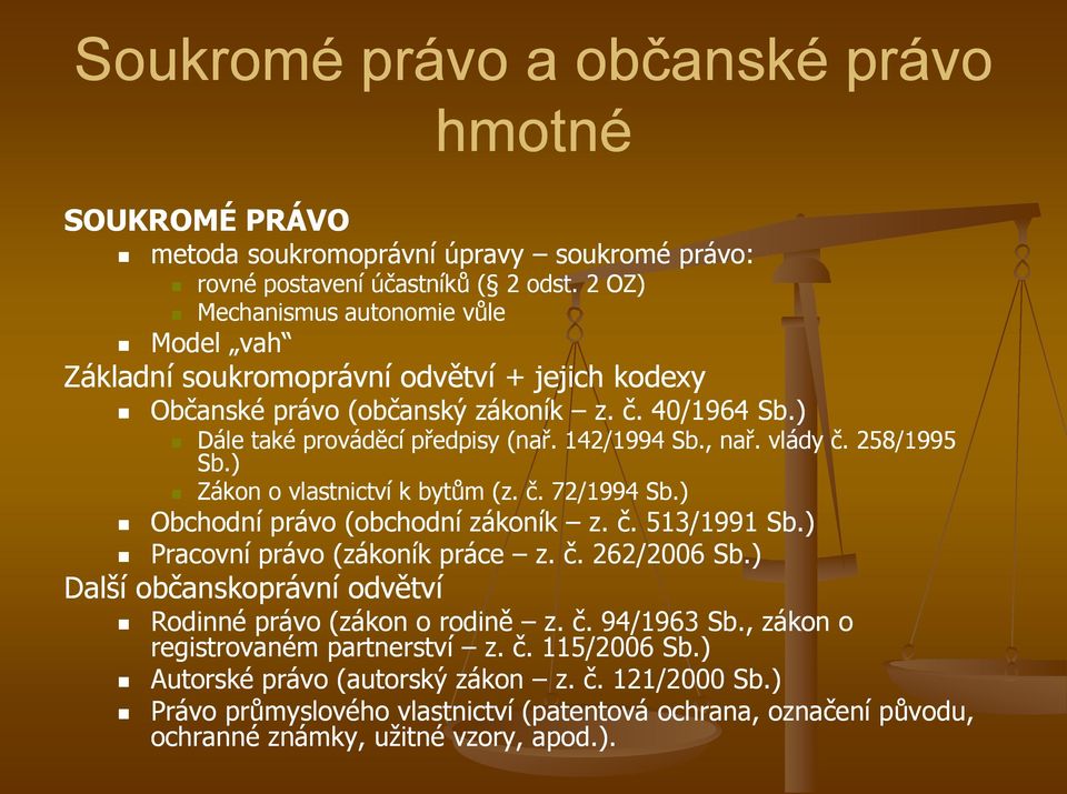 vlády č. 258/1995 Sb.) Zákon o vlastnictví k bytům (z. č. 72/1994 Sb.) Obchodní právo (obchodní zákoník z. č. 513/1991 Sb.) Pracovní právo (zákoník práce z. č. 262/2006 Sb.