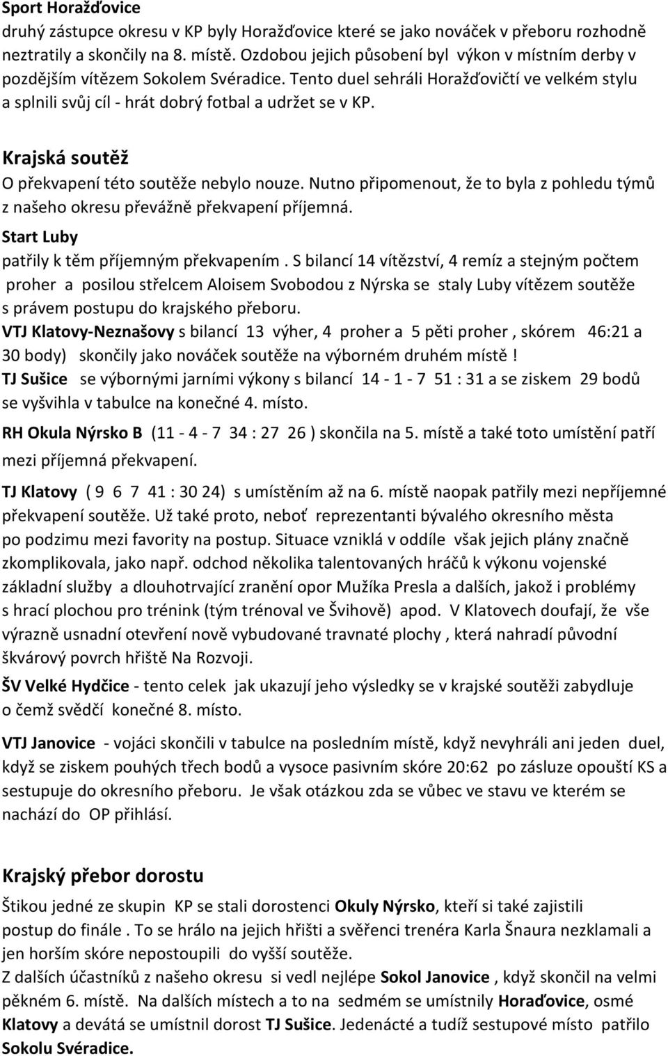 Krajská soutěž O překvapení této soutěže nebylo nouze. Nutno připomenout, že to byla z pohledu týmů z našeho okresu převážně překvapení příjemná. Start Luby patřily k těm příjemným překvapením.