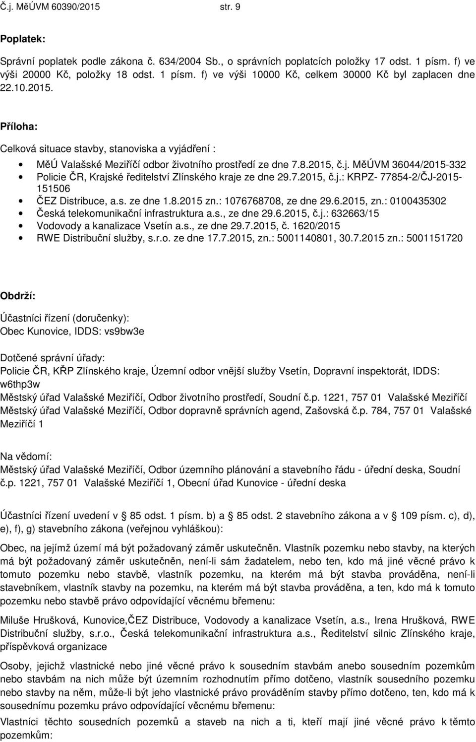 7.2015, č.j.: KRPZ- 77854-2/ČJ-2015-151506 ČEZ Distribuce, a.s. ze dne 1.8.2015 zn.: 1076768708, ze dne 29.6.2015, zn.: 0100435302 Česká telekomunikační infrastruktura a.s., ze dne 29.6.2015, č.j.: 632663/15 Vodovody a kanalizace Vsetín a.